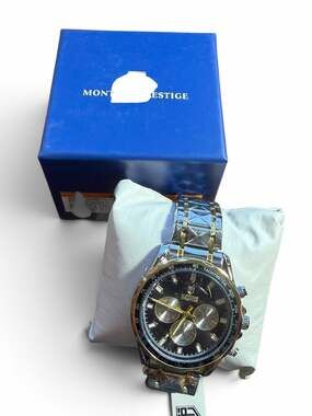 Montres Prestige Men's Chronograph Style Watch Two-Tone Black Dial Quartz New in